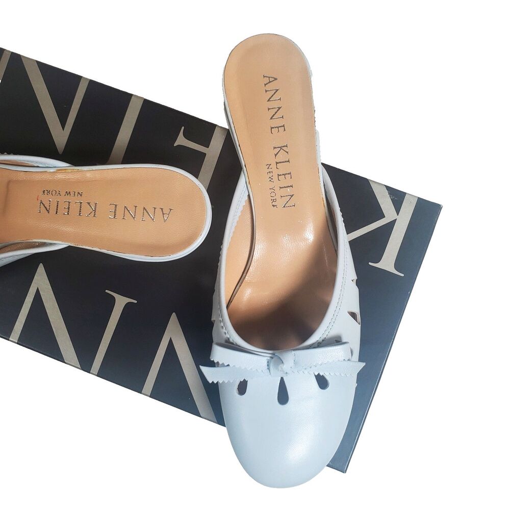 Vintage Anne Klein Women’s Heels 7.5M Blue Jory Nappa Mule Kitten Heel Bow - Picture 3 of 13
